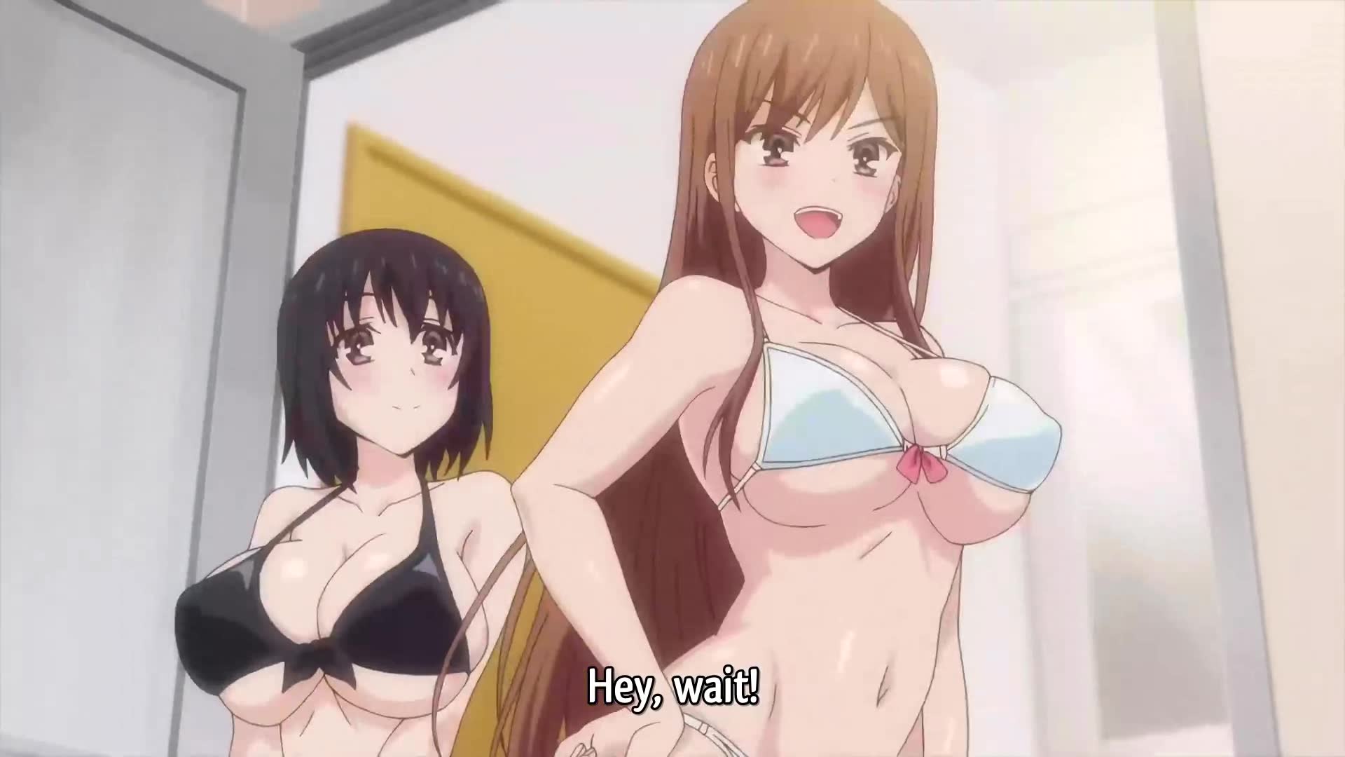 ayane shirakawa, kotone shirakawa, overflow (anime), animated, anime  screenshot, highres, sound, video, 1boy, 2girls, ass, backboob, bare  shoulders, bathroom, bikini, black bikini, black hair, blush, bouncing  breasts, breasts, brother and sister, brown